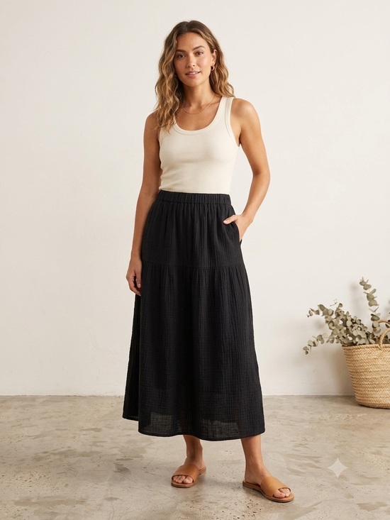 Universal Thread Dresses & Skirts - Women’s Universal Thread Black Tiered Cotton Muslin Midi Skirt Gauzy - Classic